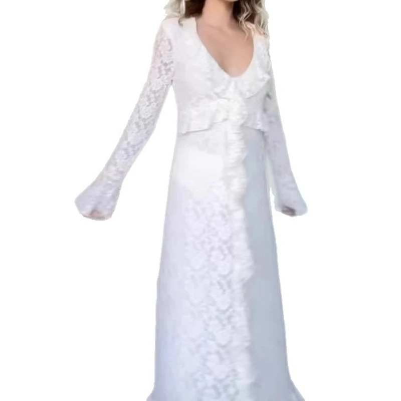 2025 New Arrivals Women's Elegant Temperament V-Neck Lace Ruffles Banquet Hip Wrap Dress Dress