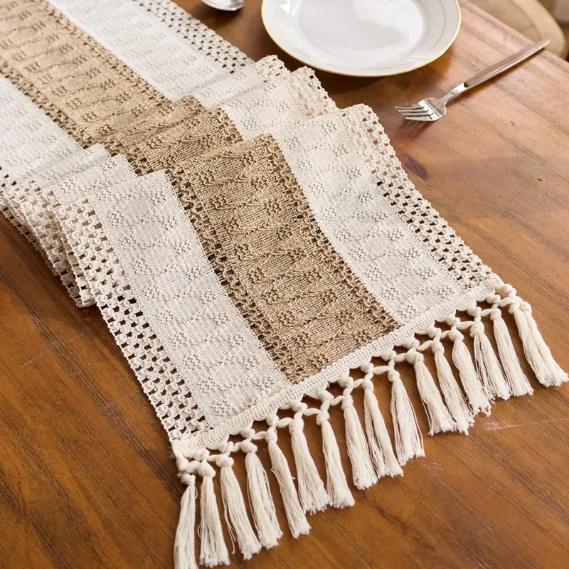 11.8*118in Boho Table Runner for Home Decor Macrame Cream Brown Farmhouse Table Runner with Tassels for Bohemian Dining Bedroom
