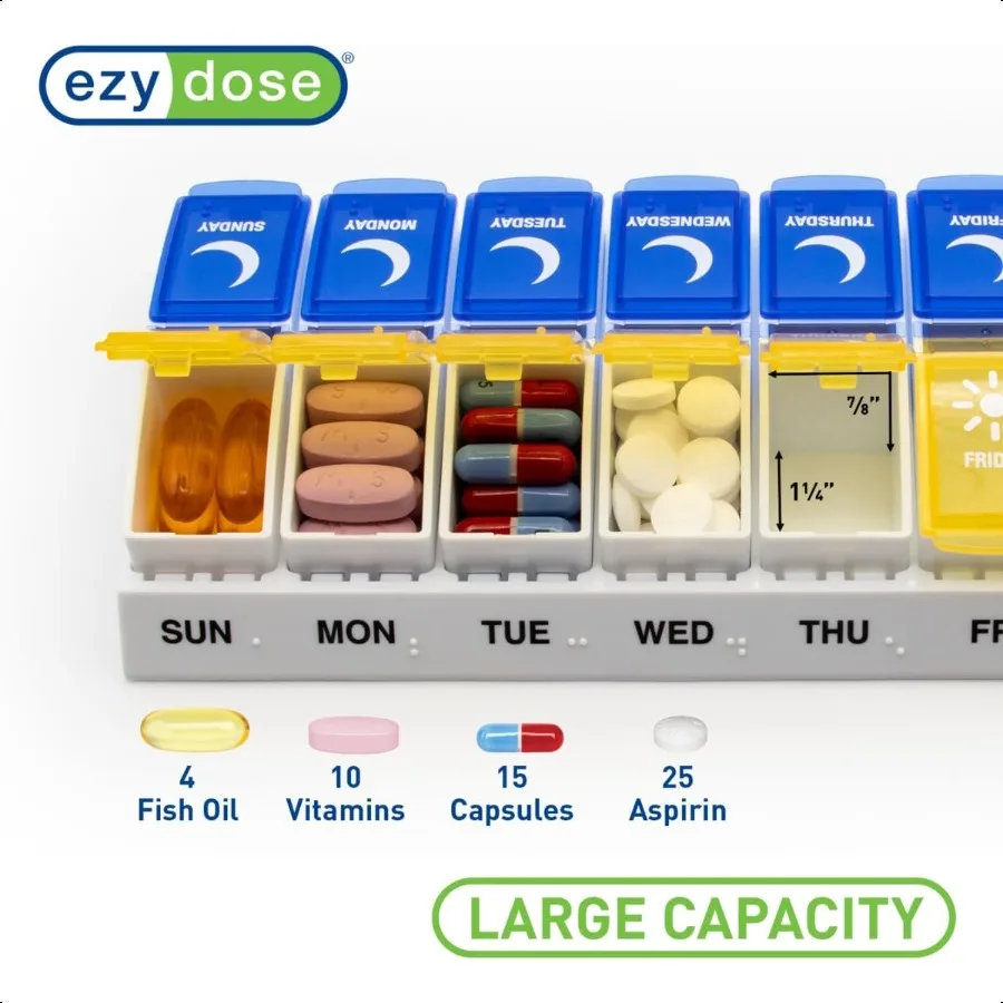 EZY DOSE أسبوعيًا 7 أيام AM PM منظم حبوب الدواء حاوية فيتامين يومية وصندوق دواء مقصورات كبيرة مصممة للسفر