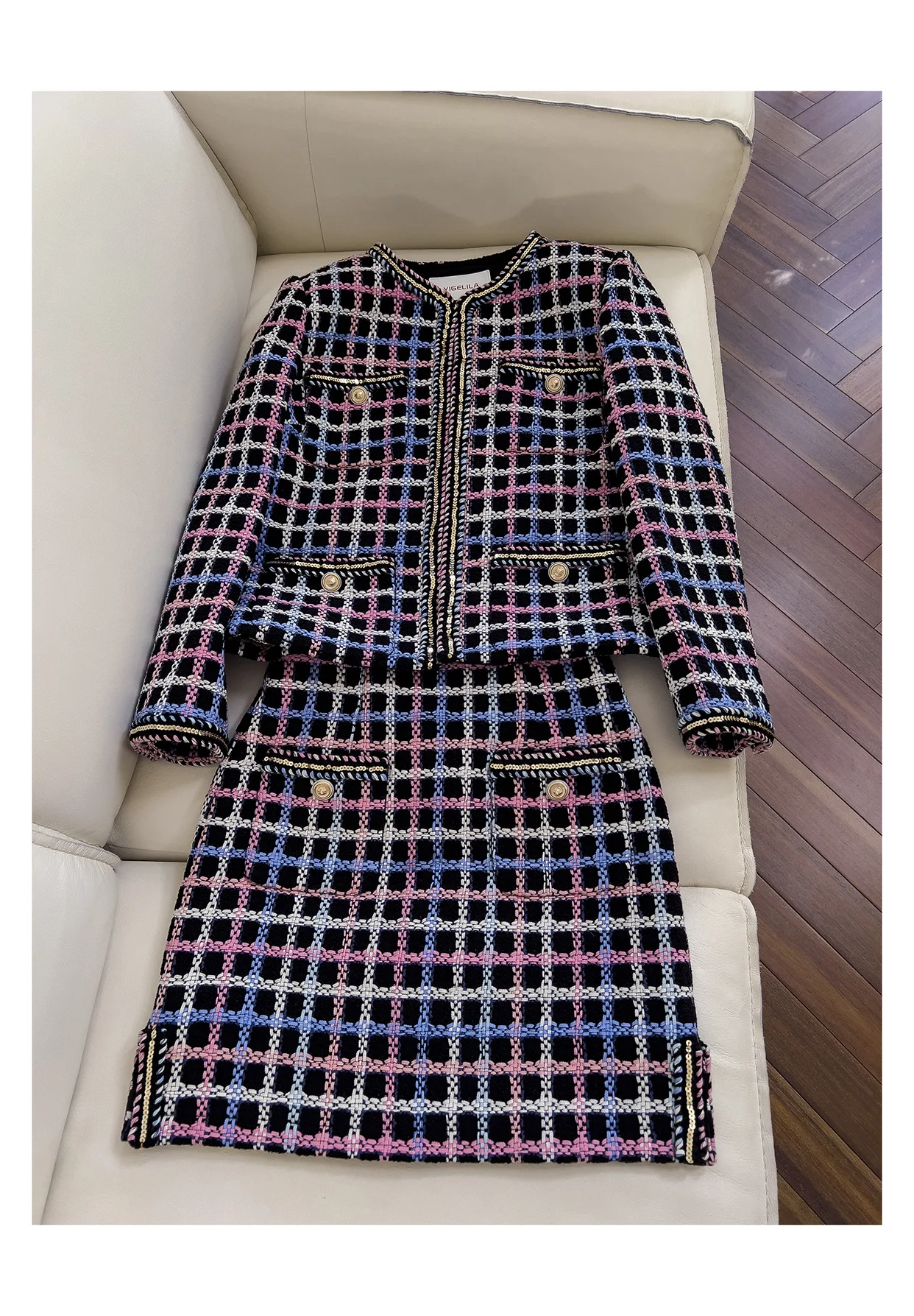 2023 Spring Autumn Brand New Designer Women\'s High Quality Plaid Tweed Jackets Elegant O-neck Coat B575