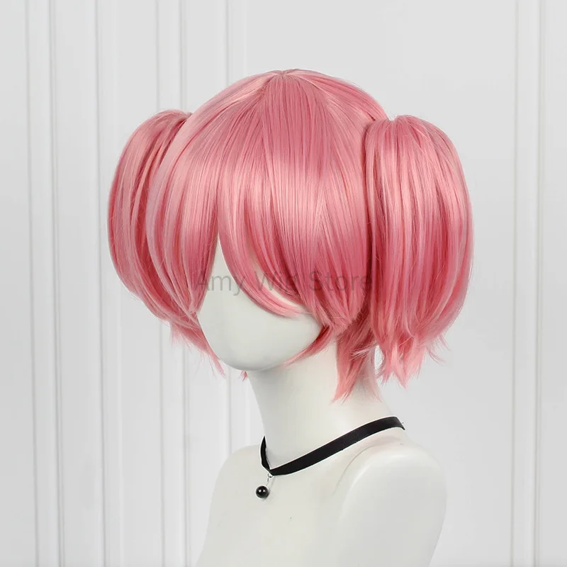 Kaname Madoka คอสเพลย์สีชมพูคอสเพลย์วิกผม Double Ponytails Wigs สำหรับอะนิเมะอุปกรณ์เสริมผู้หญิงสั้นตรงวิกผมปลอม