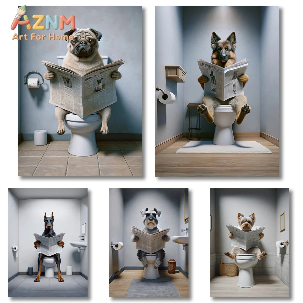 AZNM Frameless 2D Flat Funny Dogs Reading Newspaper On Toilet Canvas Print, Reusable Humorous Pet‑themed Bathroom Wall Art Decor
