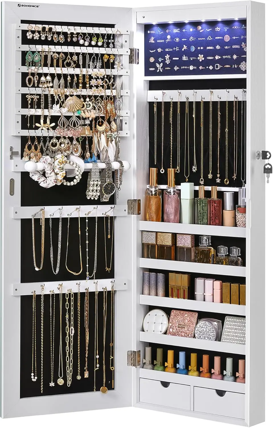 

Hanging Jewelry Cabinet, Wall Mounted Cabinet with LED Interior Light, Door Jewelry Organizer, Full Length Mirror