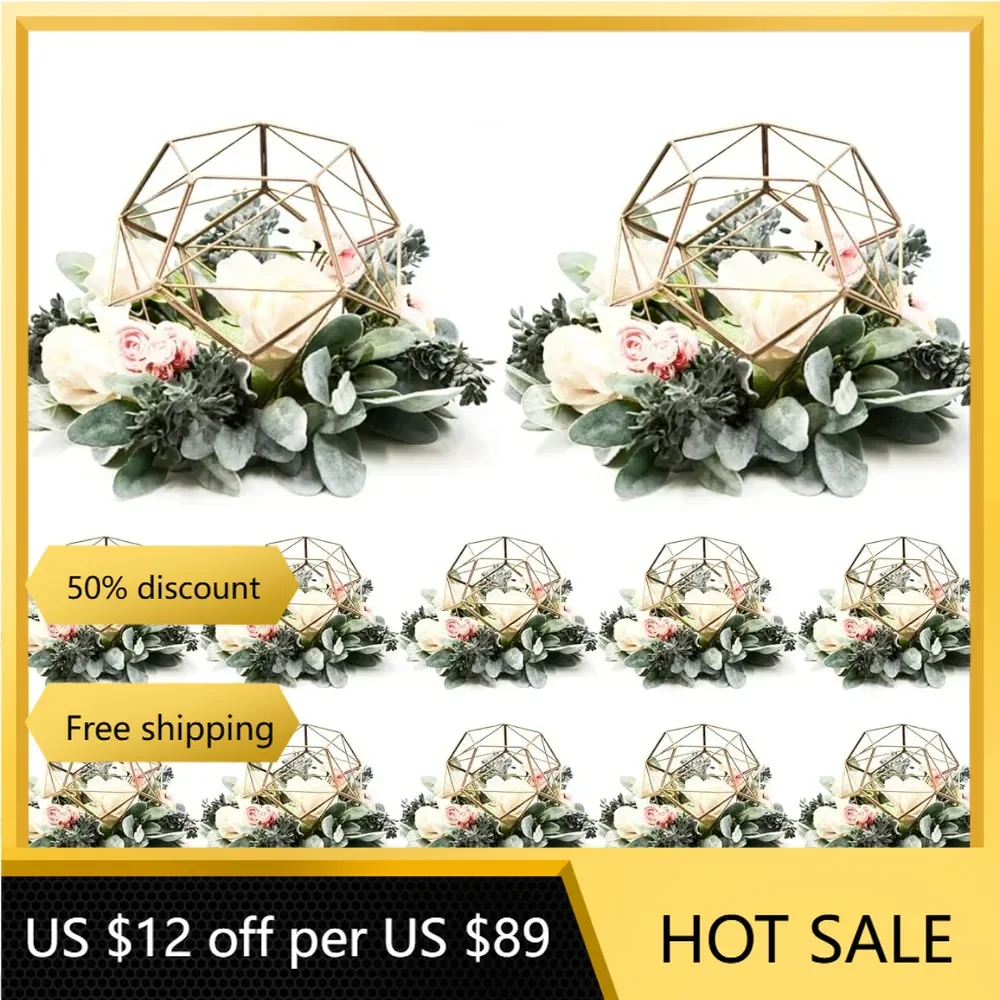 Gold Metal Pentagon Tealight Candle Holder, Set of 12 Geometric Flower Stand Wedding Centerpiece Vase,Freight Free