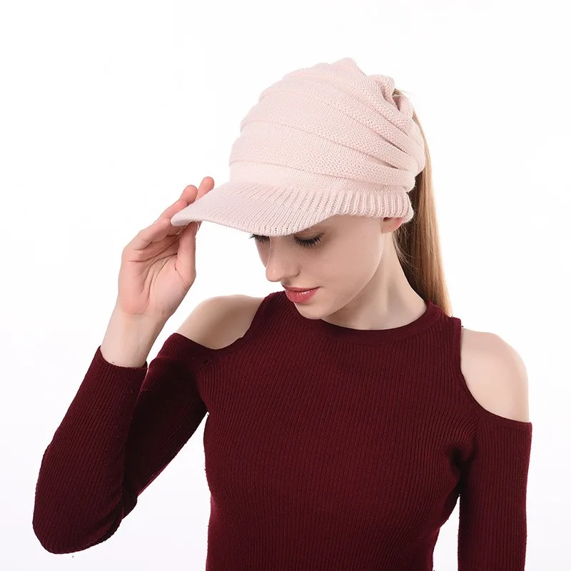 New Style Solid Color Brim Knitted Hat Ponytail Hat Thermal Winter Warm Hat for Women Girls Outdoor Ski