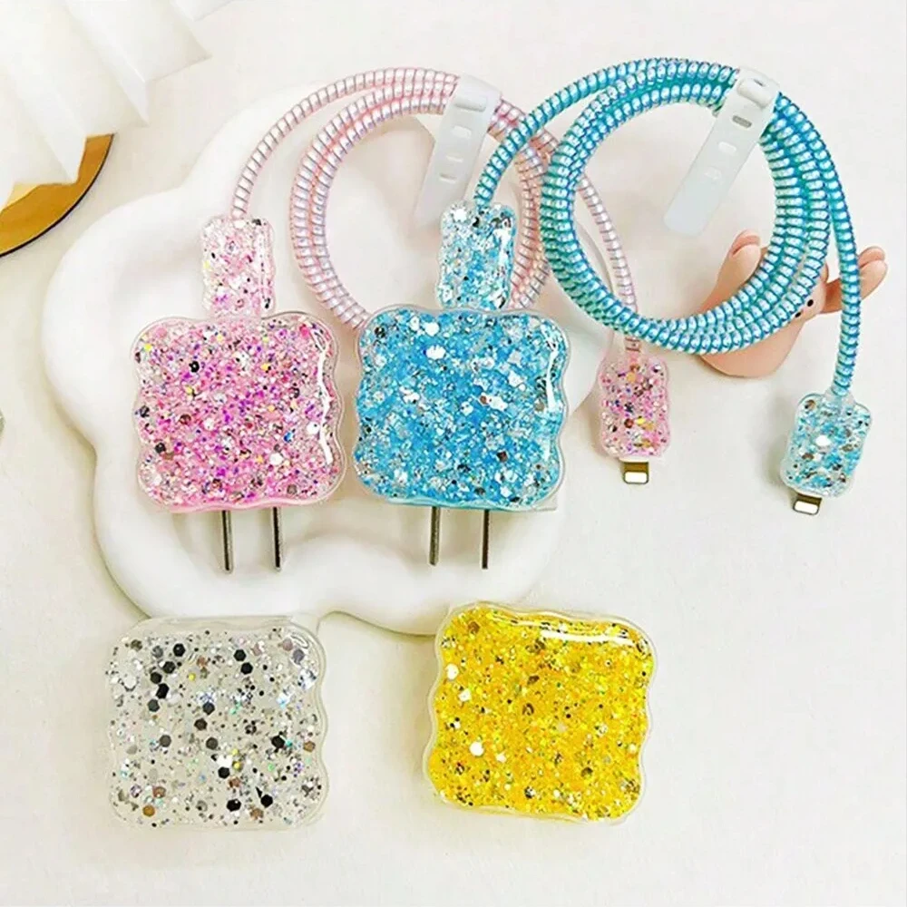 5pcs/Set Wave Glitter Shell Charging Cable Protector For iPhone 18W/20W Charger Case Cable Management Phone Wire Cord Organizers