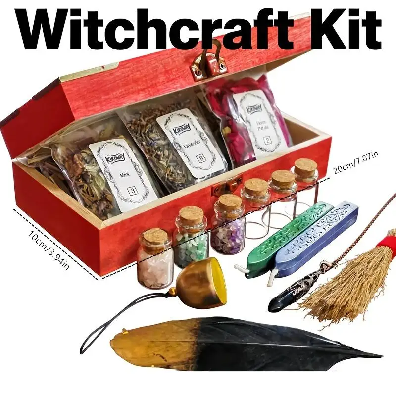 Beginner Wiccan Altar Kit in Vintage Mahogany Box, Complete Witchcraft Ritual Set with Herbs, Crystals, Tools & Guide, Teacher Appreciation Giftable Witch Box for Family & Friends, 7.87x3.94 Inches