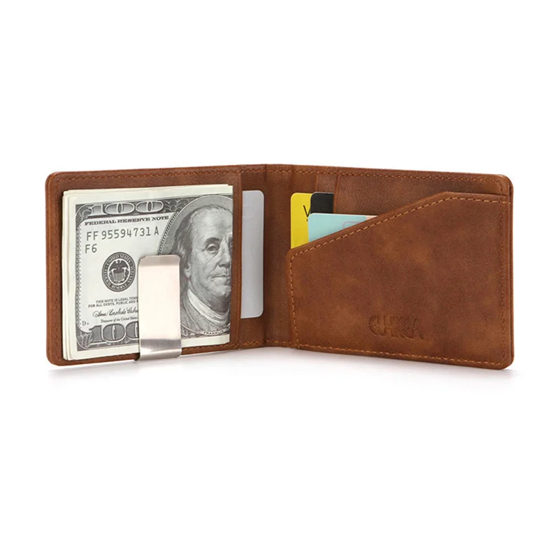 Fashion Men PU Leather Bifold Money Clips Multi functional Thin Metal Clamp Wallet Card Holder