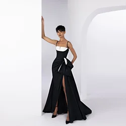 Exclusive Black And White Mix Colored Long Prom Dresses With Side Bow Overlay Sexy Split Formal Party Dresses