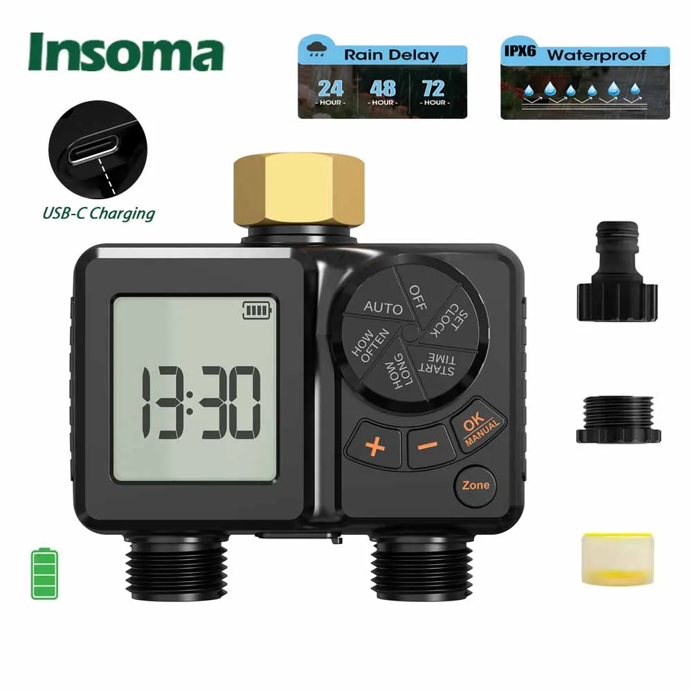 INSOMA IPX6 Garden Water Timer 2.8 inch widen Display USB-C Rechargeable irrigation system Upgrade 2000mAh High Capacity Battery, UV Resistant Housing, Timed Watering Rain Delay Automatic watering system garden accsesories