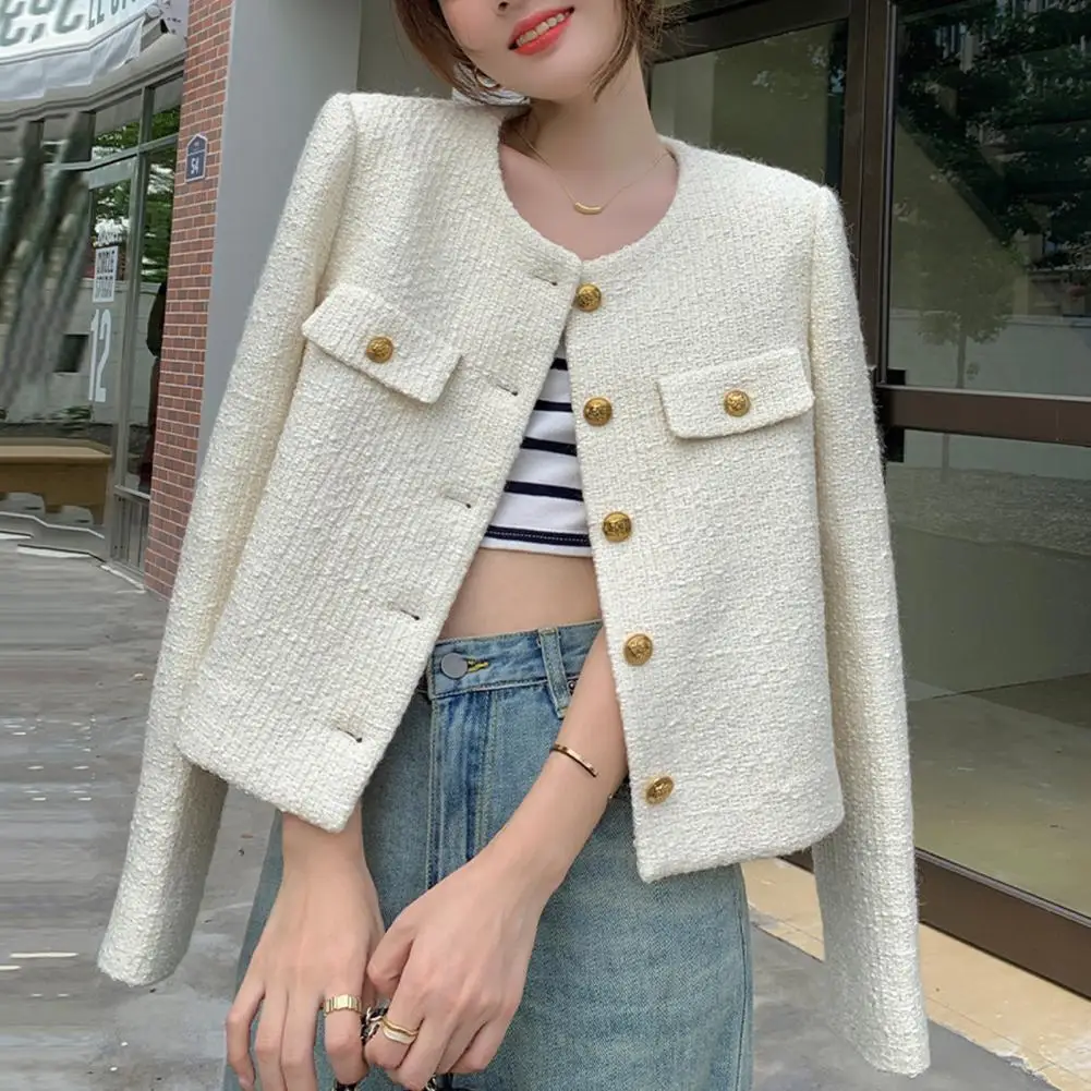 

2023 Winter New Product Women's Fashion and Casual Versatile Round Neck Flip Decoration Short Suit Coat