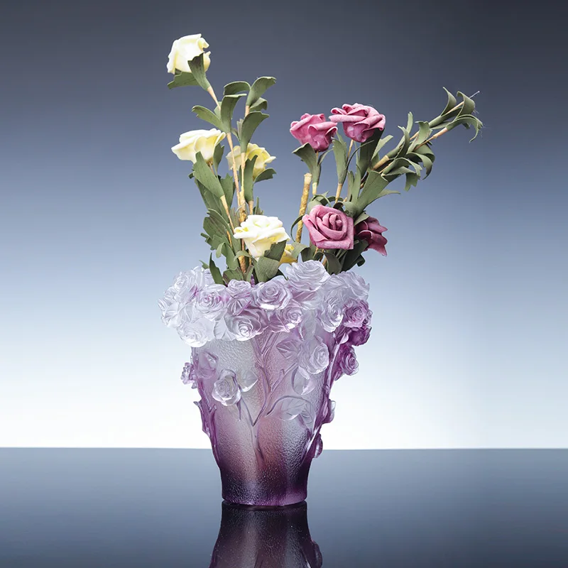 Xiaoqiao Handmade Creative Design Home Decoration Luxury Crystal Glass Vase Embossed Rose Camellia Glassware Glazed Vase