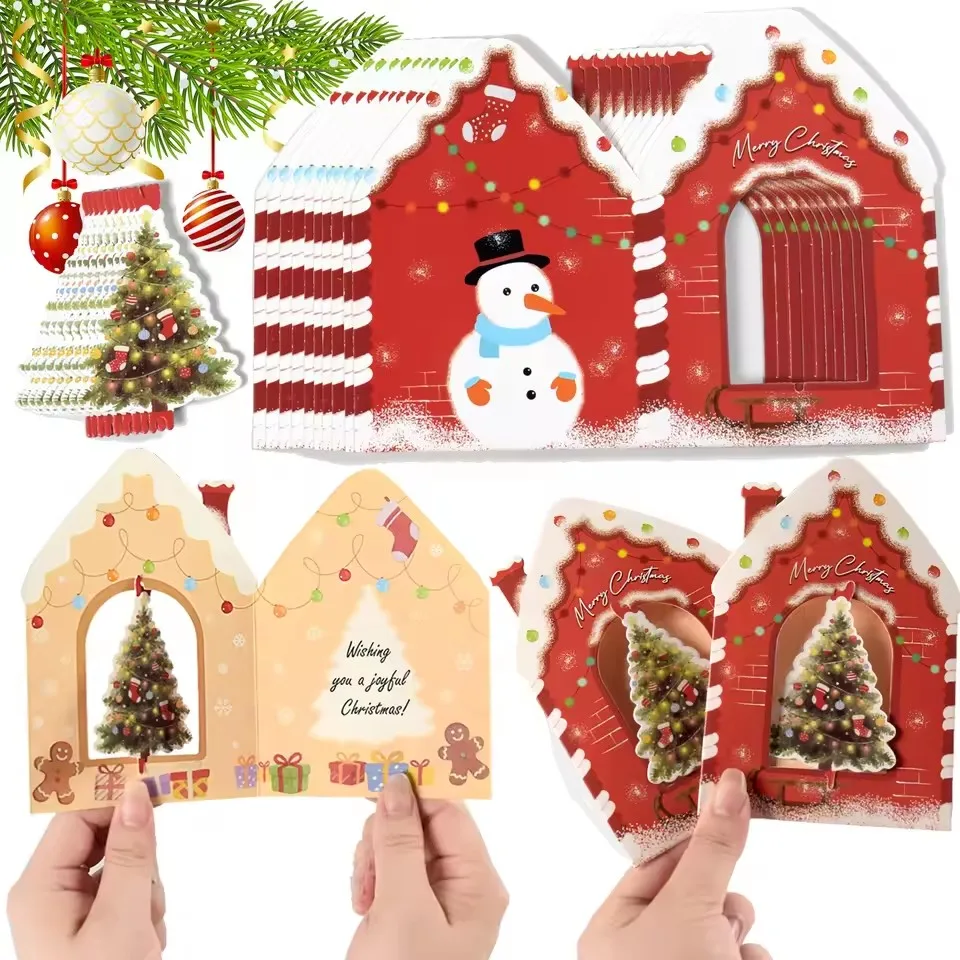 

10/20Pcs Merry Christmas Greeting Cards House Design 3D Rotating Blessing Card for New Year Party Gift Decoration Supplies