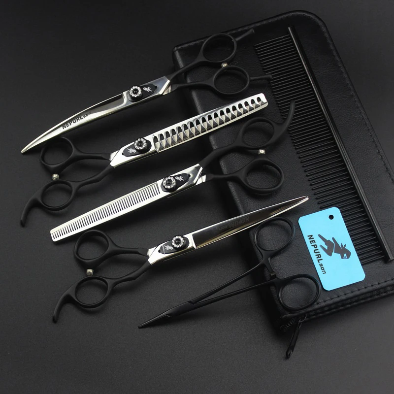 

7.0 Inch PS 01 Black Handle 440c Wholesale 4 Pieces Professional Stainless Steel Pet Grooming Scissors Set