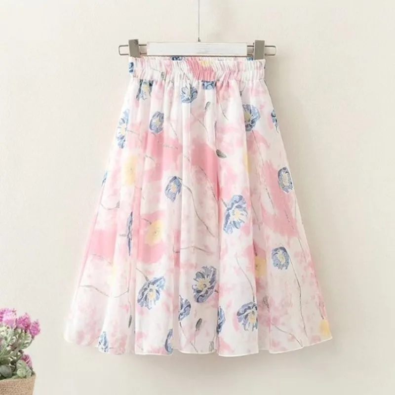 Girl's Ethnic Retro Chiffon Half Skirt with Ink Wash Floral Print Summer Lightweight Knee Length Versatile Skirt​