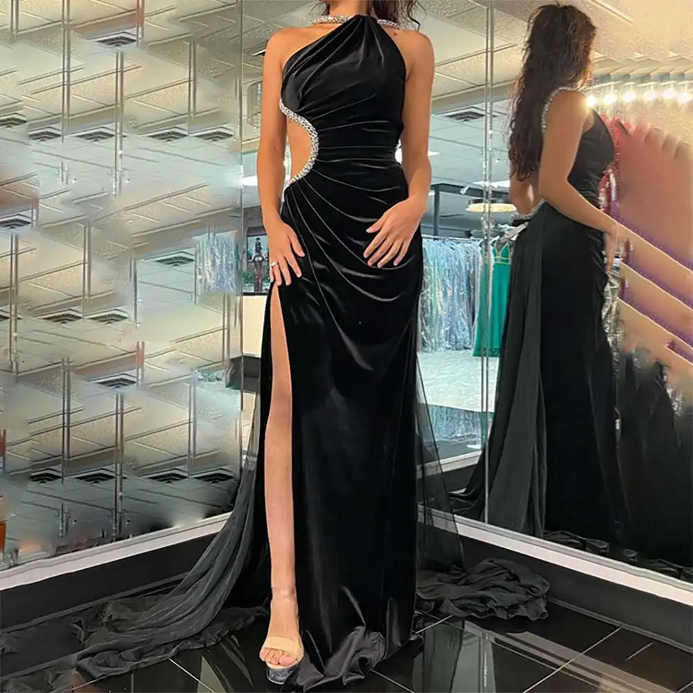 

Sexy Evening Dress for Women 2025 Backless Pleated Summer Halter Sleeveless Sparkle Side Slit Prom Dress Straight Formal Gown