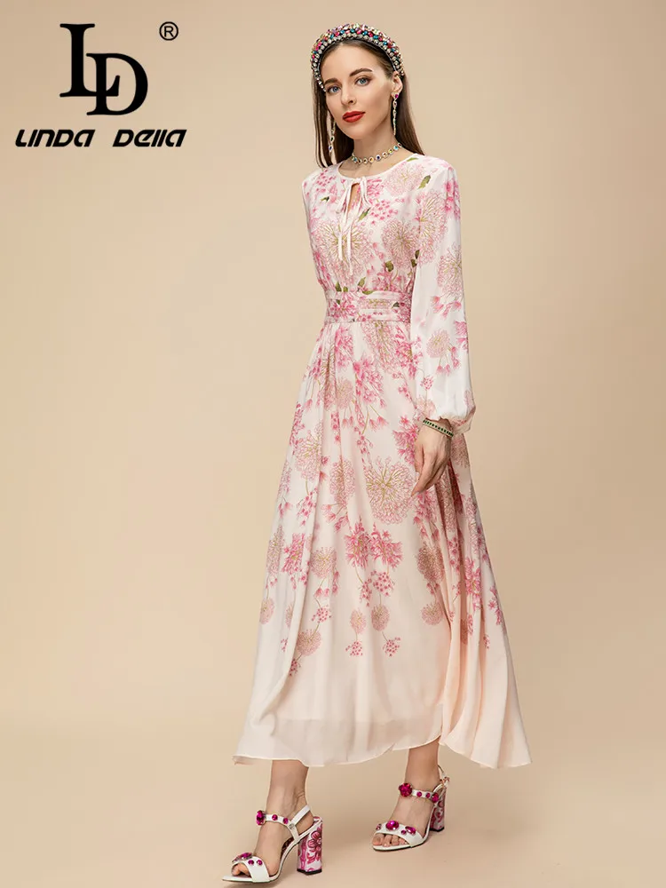 LD LINDA DELLA 2023 New Style Runway Designer Vintage Dress Women\'s Round Neck Elastic Waist Print Draped Slim Fit Chiffon Dress