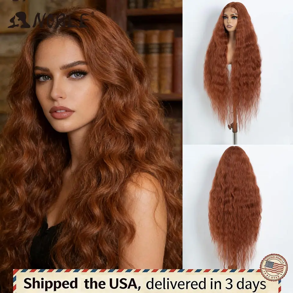 

Синтетический парик с волнистыми локонами 42 дюйма, цвет ржавый оранжевый, с кружевной передней частью, термостойкое волокно, для косплея, с естественной линией роста волос, для женщин, доставка по США