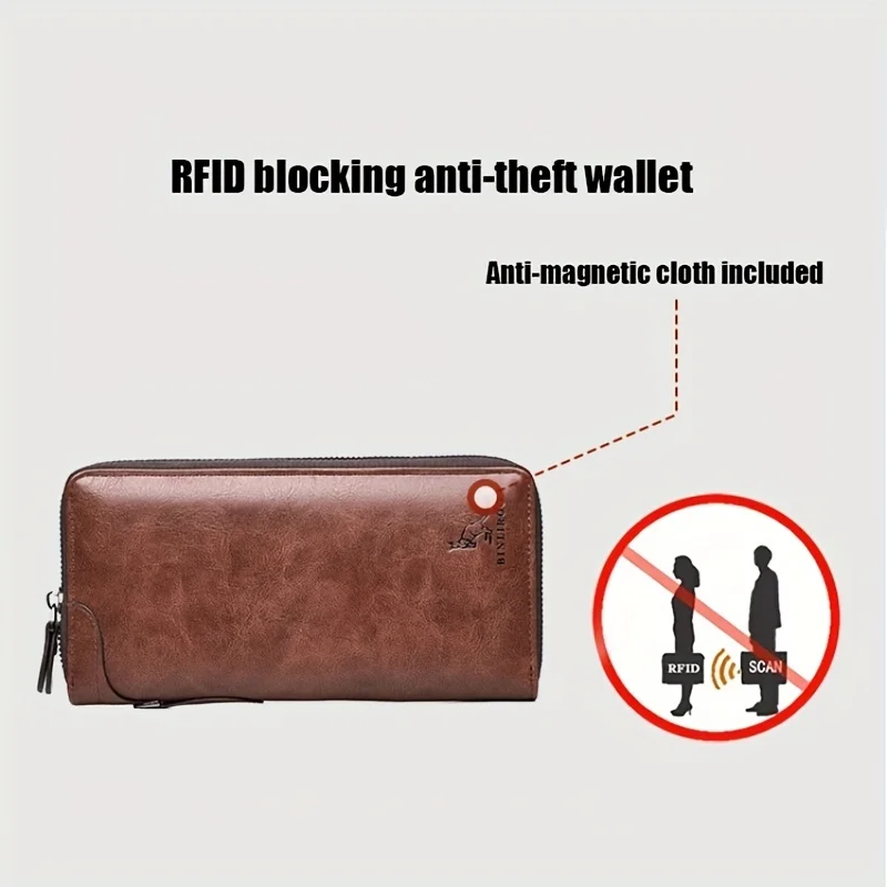 Men\'s Long Zipper Wallet High Quality Pu Leather Wallet For Men RFID Blocking Business Clutch Bag Credit Card Holder Purse Man