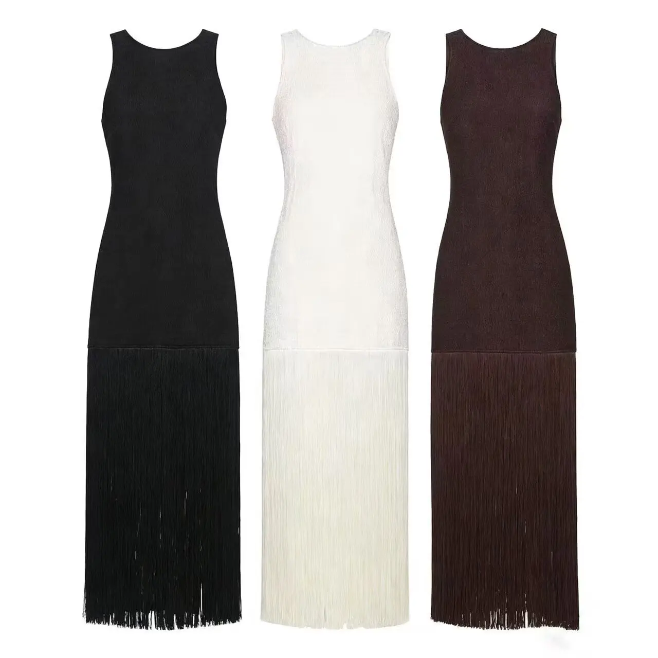 Zevity 2026 Women Sexy Hem Tassel Stitching Knitting Slim Midi Dress Female Chic Backless Hollow Out Club Party Vestidos DS9520
