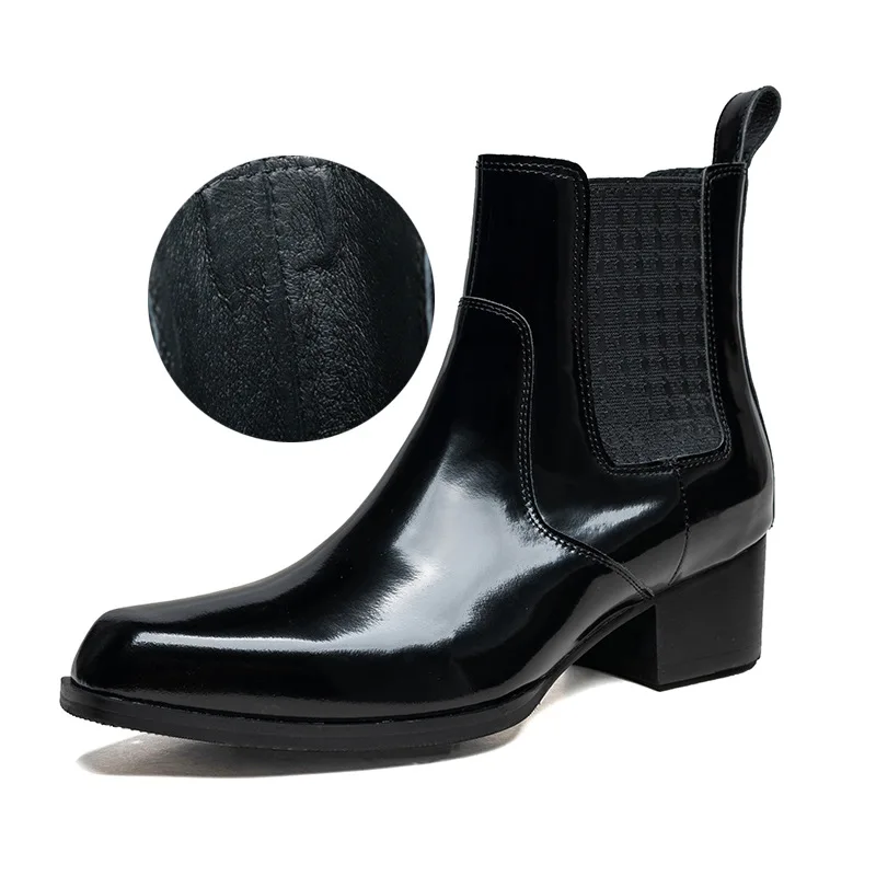 Patent Leather Mens Chelsea Boots 5 Cm Height 2026 Autumn New British Style Fashion Genuine Leather Man Warm Shoes High Heels