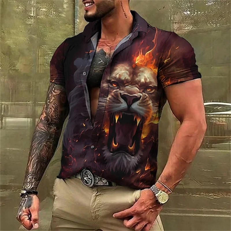 Flame 3D Printed Shirt Hawaii Short Sleeved Top Men's Loose Fitting Fashionable Beach Clothes Summer Breathable men's Clothing