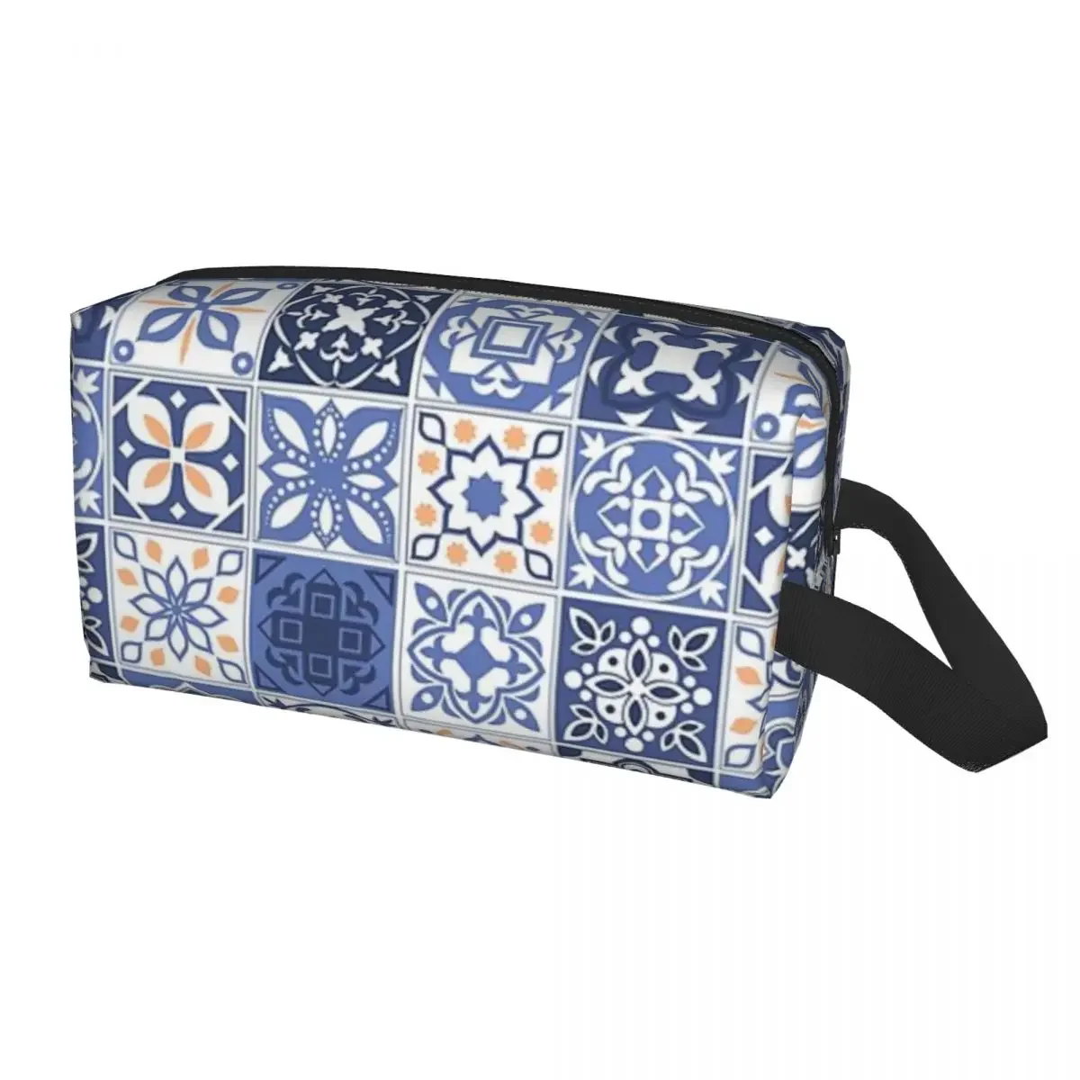 Blue Portuguese Tile Polyester Men Business Portable Storage Bag Women Travel Cosmetic Bag Hanging Wash Pouch