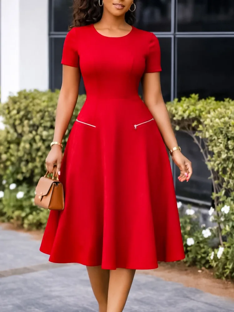 

2026 Women's Elegant Simple Solid Color Dress round Neck A-Line Shape Slimming Effect Waist-Slimming Full Dress