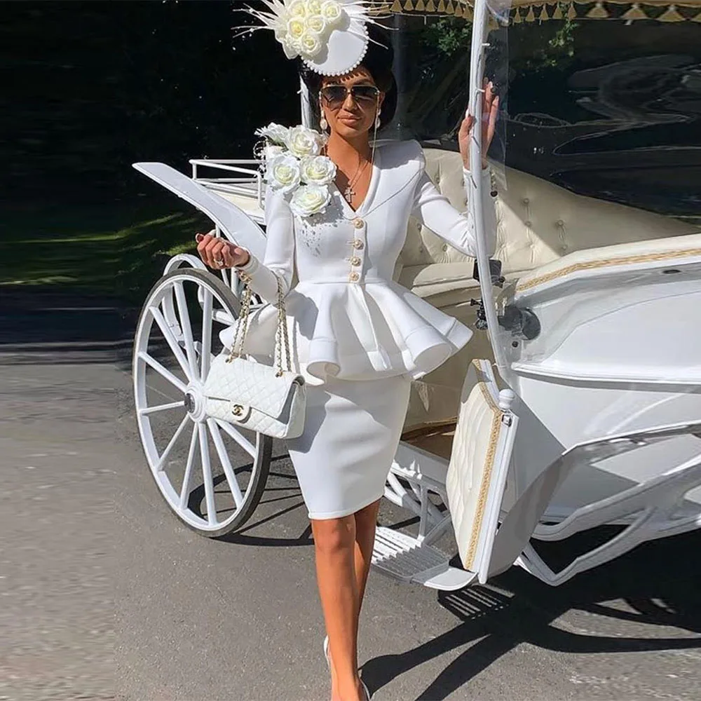 Mini Short Ivory Cocktail Dress Sheath V Neck Cocktail Gown For Women Long Sleeves For Wedding Party Gown With Flowers