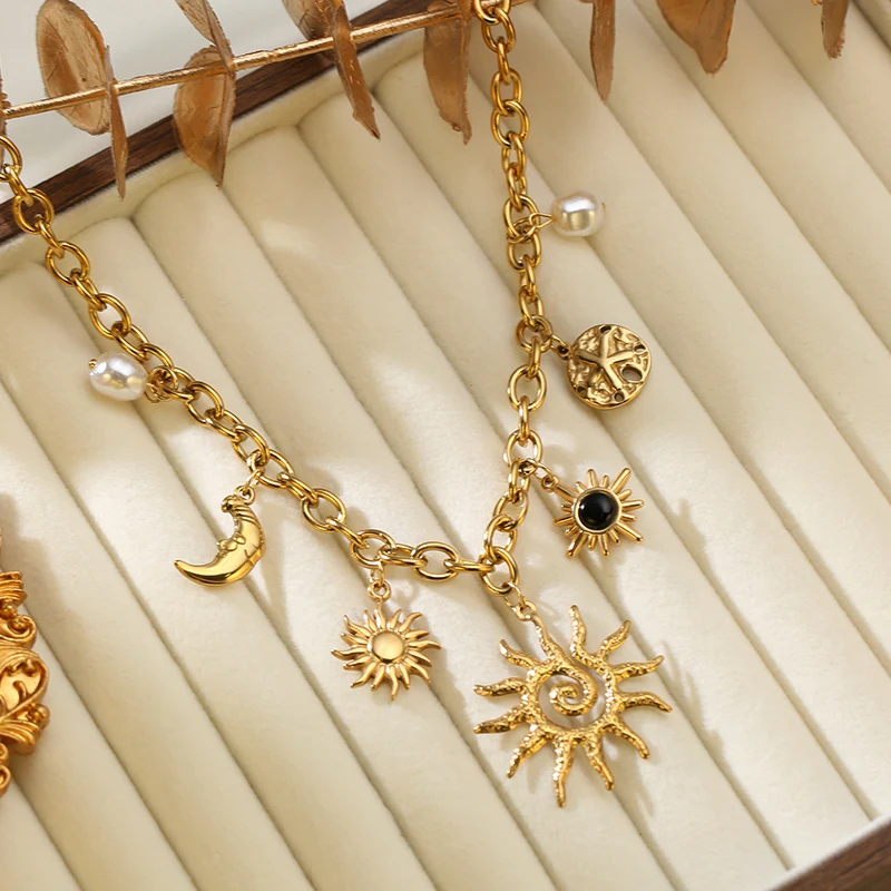 EILIECK 316L Edelstahl Goldfarbenes Trendiges Mond-Sonne-förmiges Halsketten-Armband-Set für Frauen Romantisches Schmuckset Urlaubsgeschenk – Detail 13