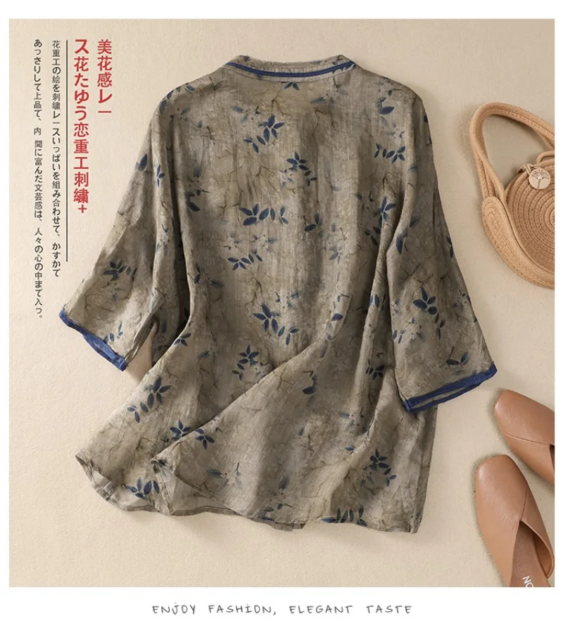 Chinese Style Women\'s Shirt Summer Cotton Linen Vintage Blouses Prints Clothing Loose Short Sleeve Women Tops