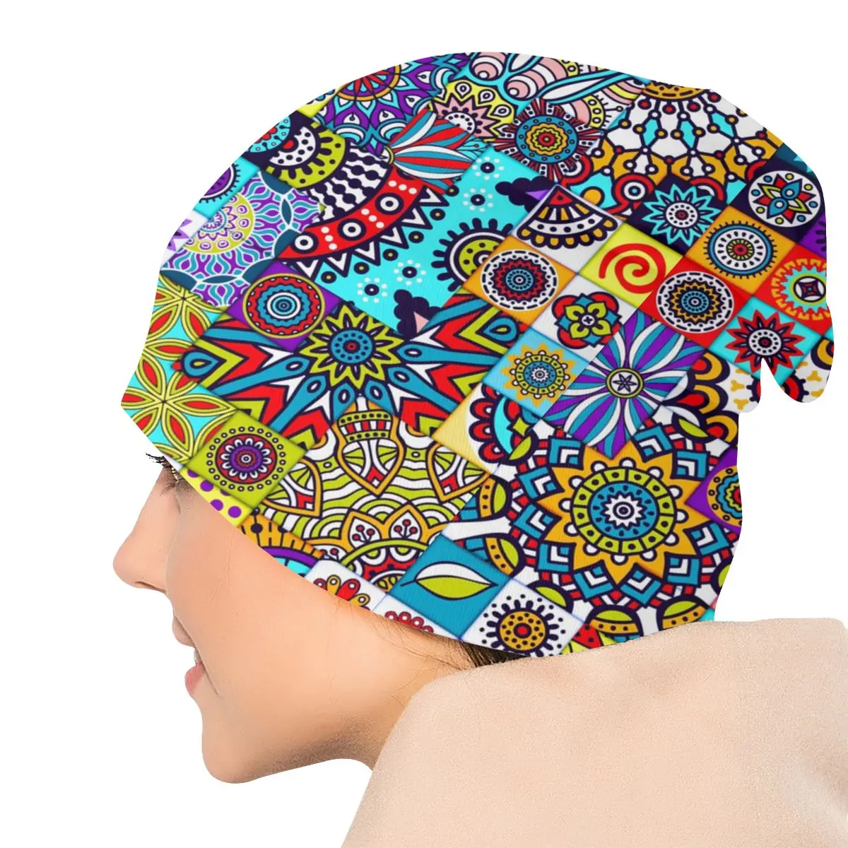 African Ethnic Geometric Floral Design Bonnet Beanie Knit Hat Women Men Ankara Patterns Winter Warm Skullies Beanies Cap for Ski