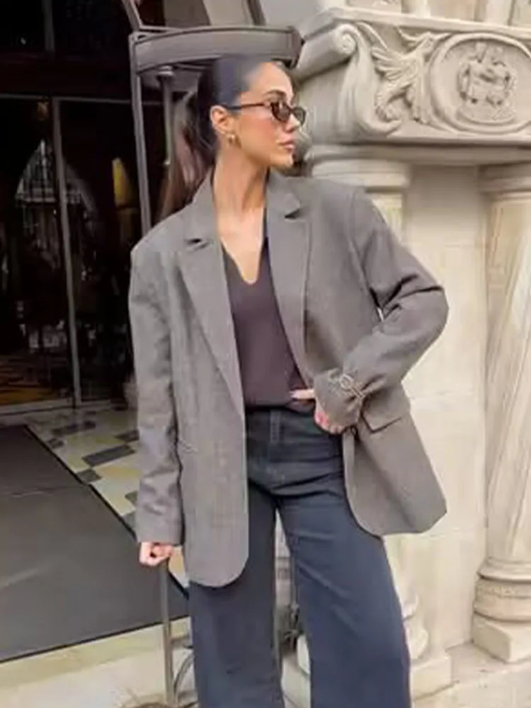 

HH Women Fashion Vintage Herringbone Wool Lapel Long Sleeve Blazer Coat Female Commuting Office High Street Casual Loose Jacket