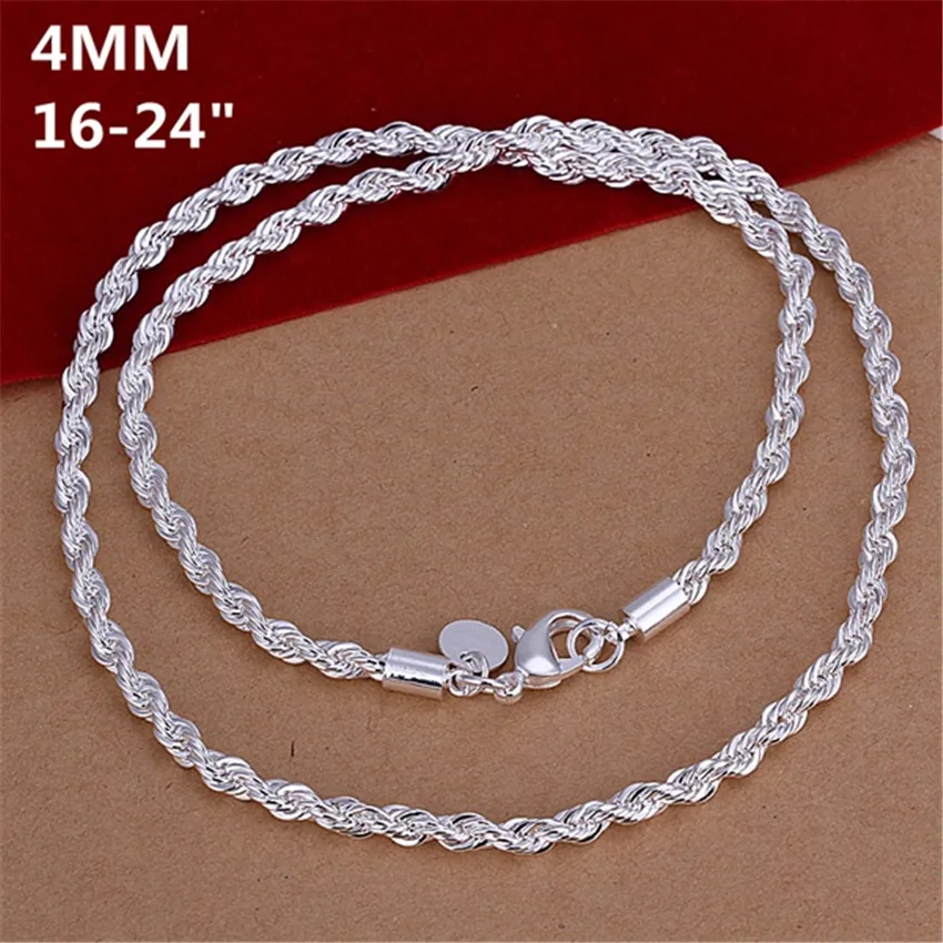 40-60cm 925 Sterling Silver Solid 4MM Rope Chain Necklace for Women Men Beautiful Fashion Charm Wedding Party Jewelry