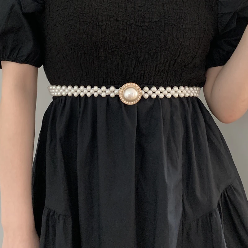 

Women's Pearl Belt Elastic Belt Water Diamond Waist Versatile Imitation High Quality Pearl Matching Coat Dress Belt 271