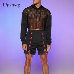 Sexy See Through Mesh Hooded T Shirts Mens Fashion Patchwork Long Sleeve Hoodies Men 2025 Spring Stylish Drawstring Hoodie Tops