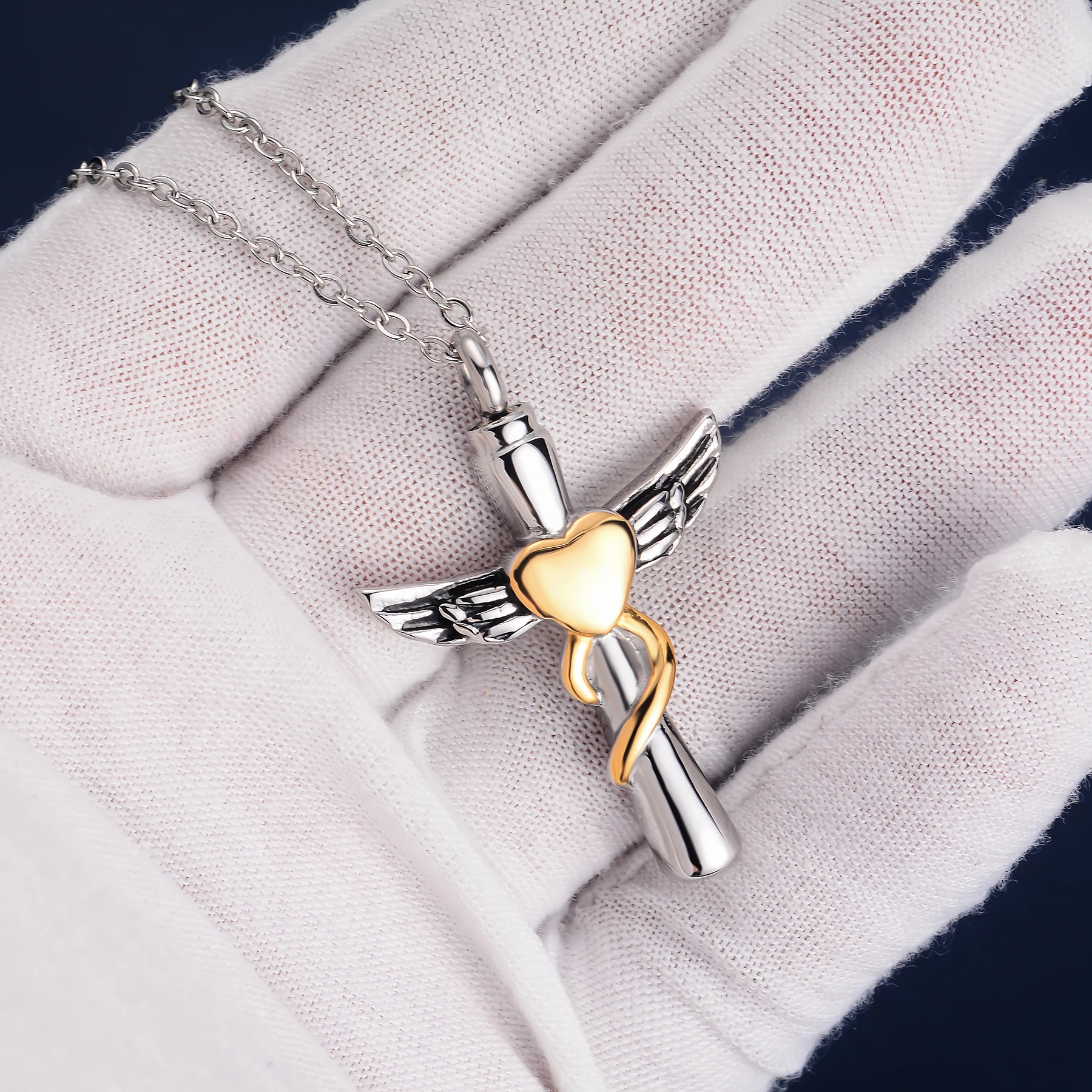 Kreuz mit Herz Urnen-Halskette Edelstahl Kreuz-Einäscherungsanhänger für Asche Andenken-Schmuck für Männer mit Trichter – Detail 6