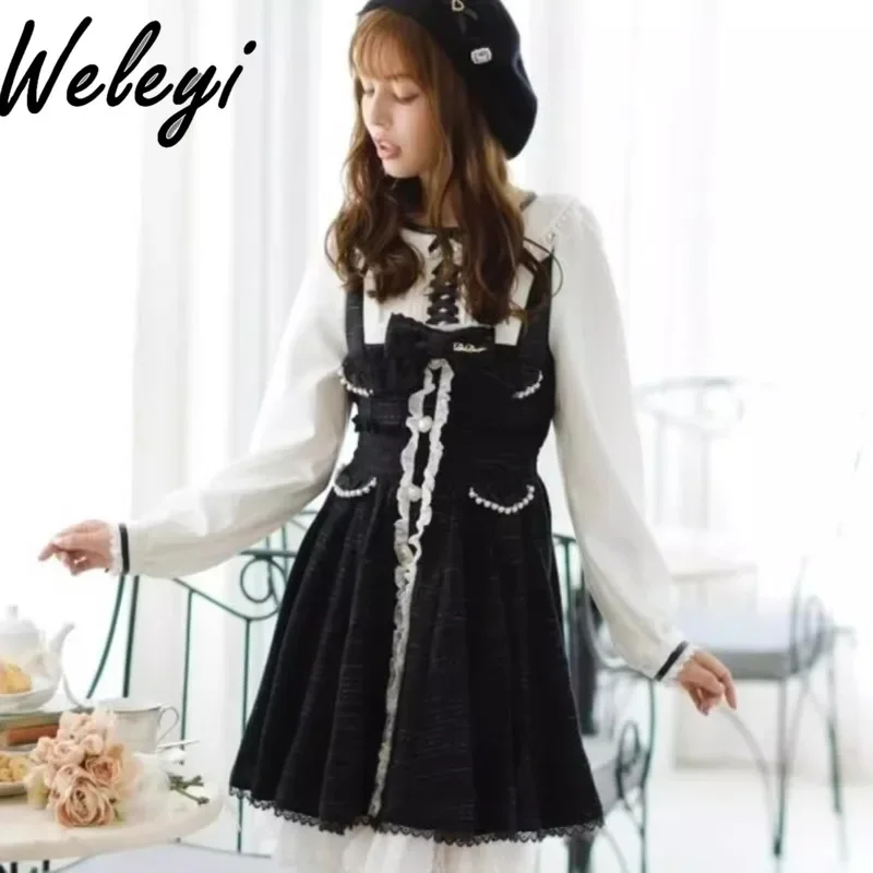 Spring and Autumn Luxury Lolita Sweet Girl Bow Short Dress for Party 2024 New Elegant Long Sleeve Bandage Beaded Dresses Laides