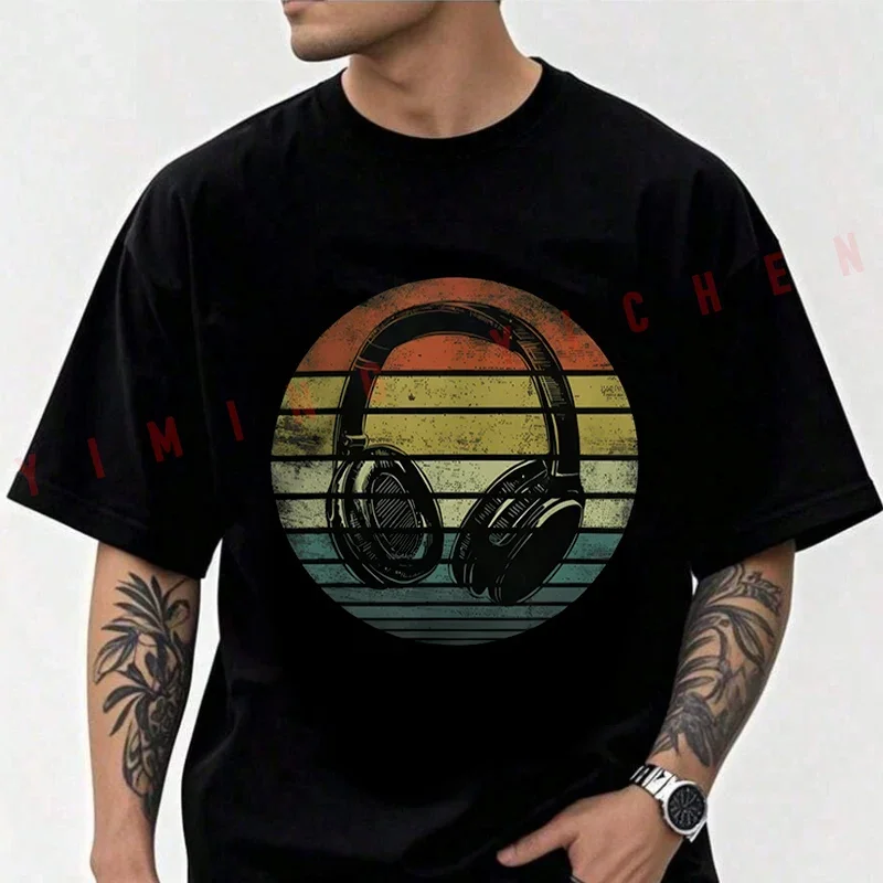 Camiseta de Moda para Hombre, con Diseño Divertido de Audífonos Retro para Amantes de la Música, Productores y DJs, de Algodón, Informal, de Verano, de Manga Corta