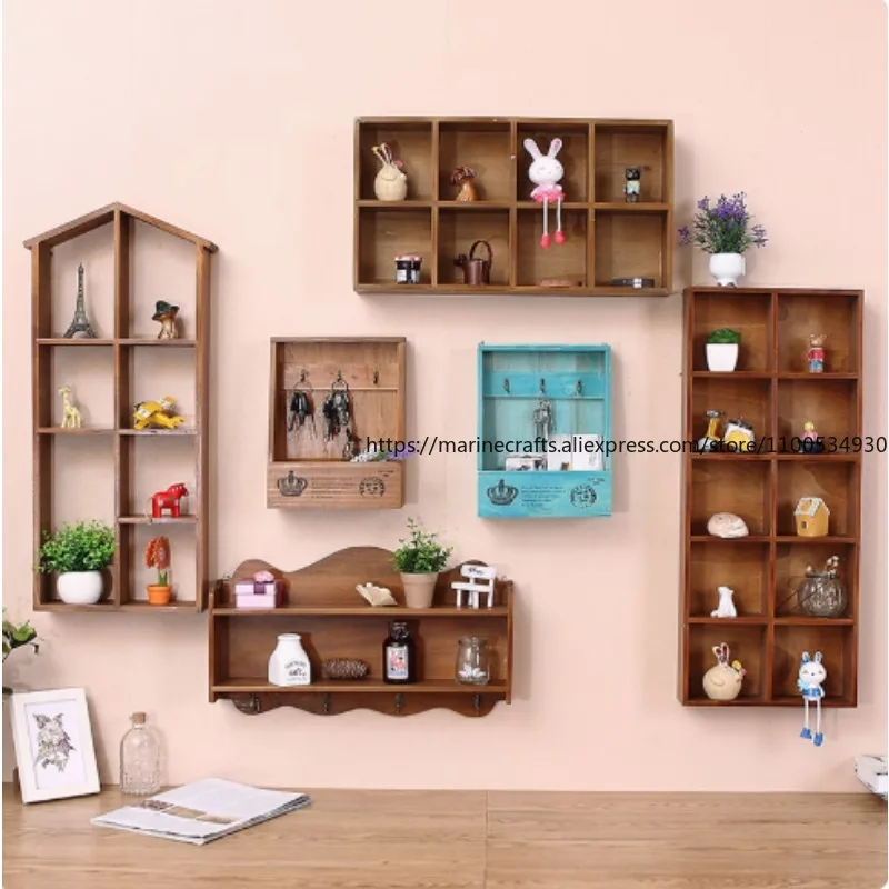 

Country Wall Shelves European Solid Wood Coffee Bar Storage Grid Hanging Wall Hanging Decoration Wall Decoration