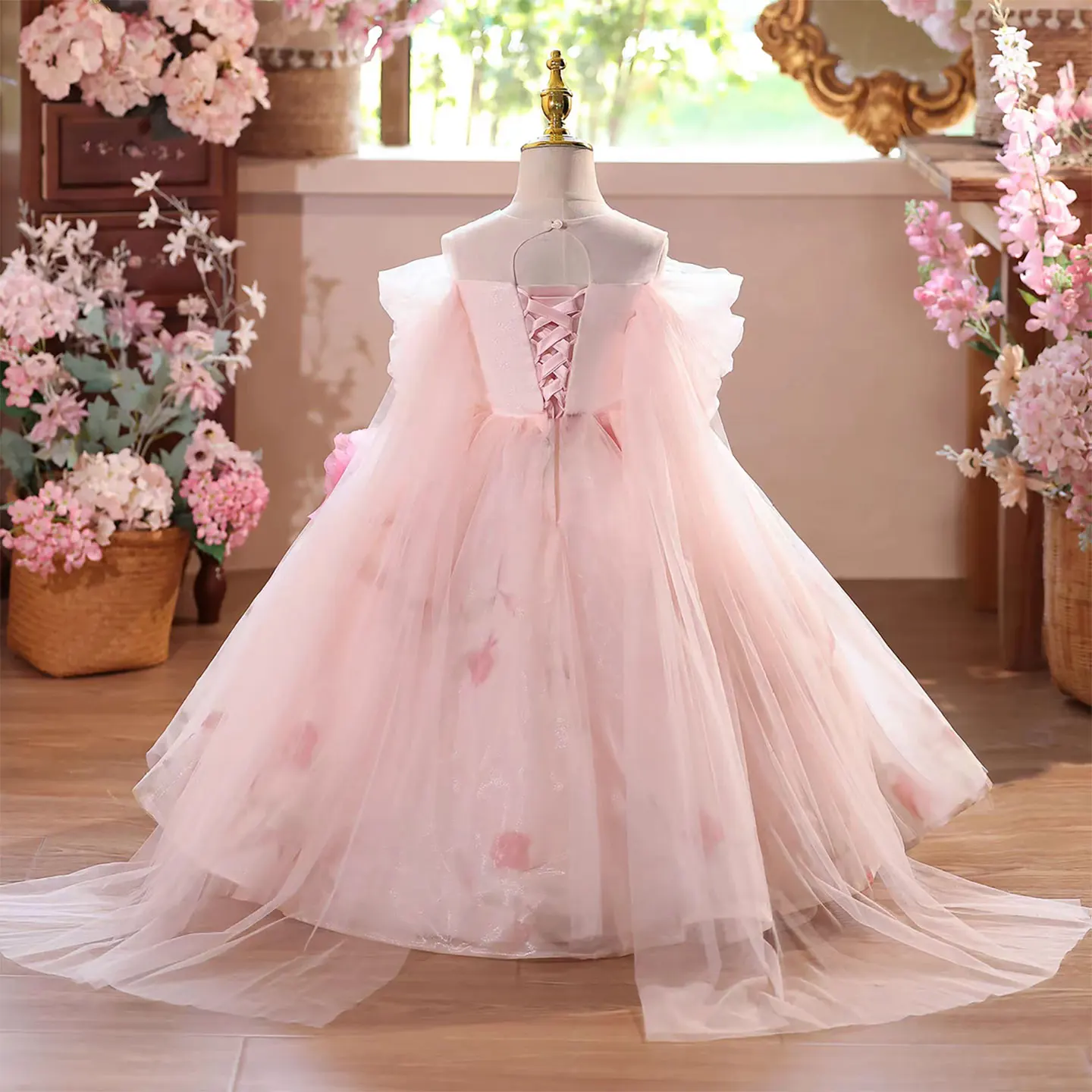 Luxury Pink Off Shoulder Flower Girl Dress 3D Flowers long Lace Kids Princess Wedding Pageant Birthday Party Gown