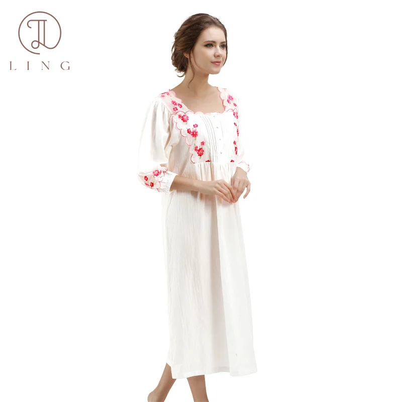 

Ling 100% Pure Cotton Princess Lace Embroidery Long Nightgowns Summer Women's Sleepwear Dress Sleep Dress Nightwear Homeclothes