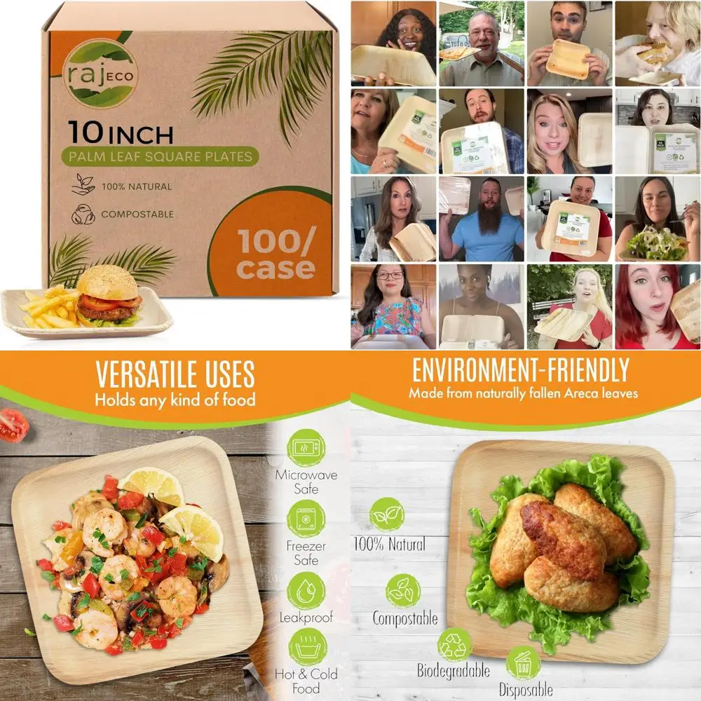 

Disposable Palm Leaf Plates Bulk - 100 Pack, 10 Square Plates, Strong and Decorative, Eco-Friendly, Ideal for Parties and Cateri