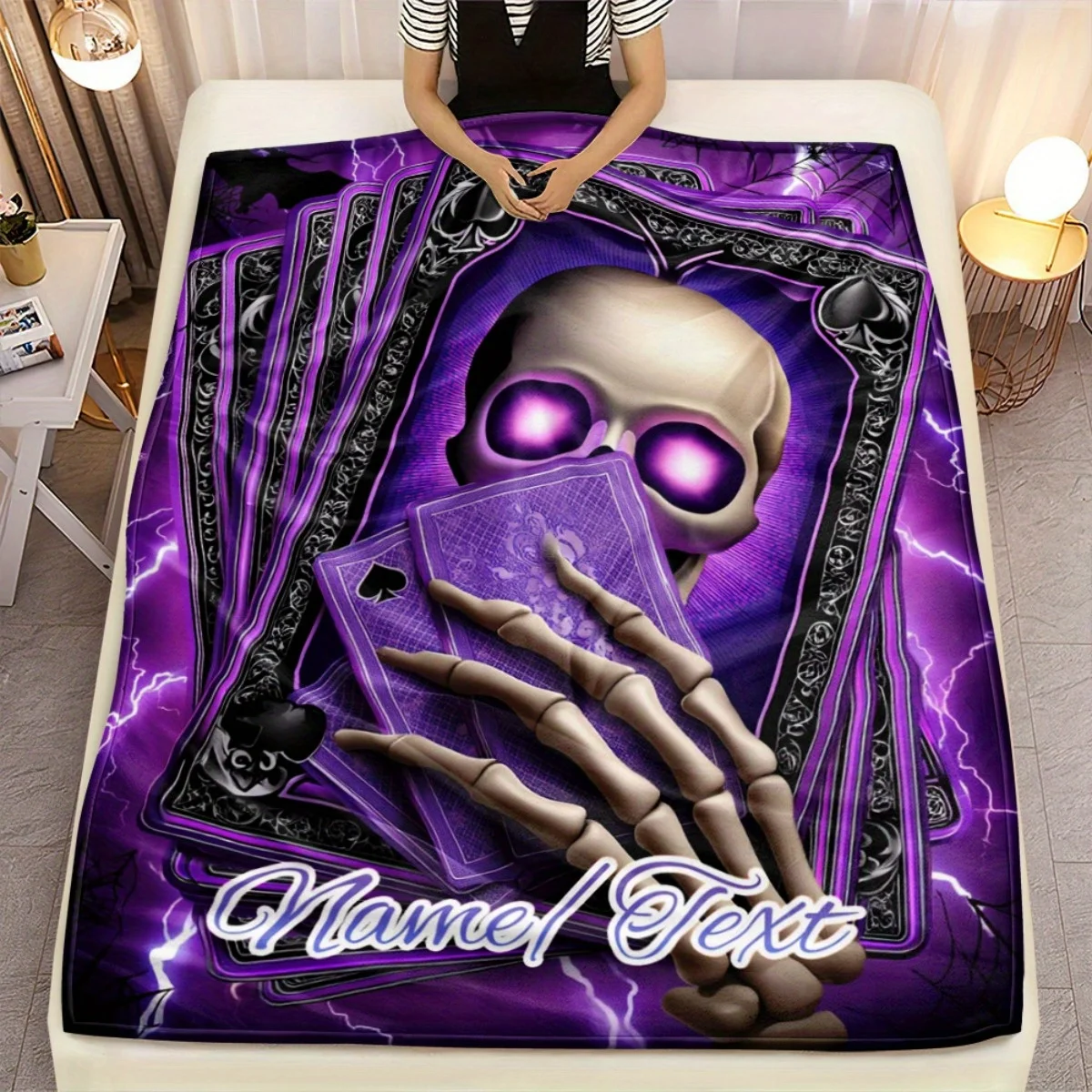 Custom name purple skull playing card flannel blanket, suitable for sofa, bed, birthday, children, friends, gift