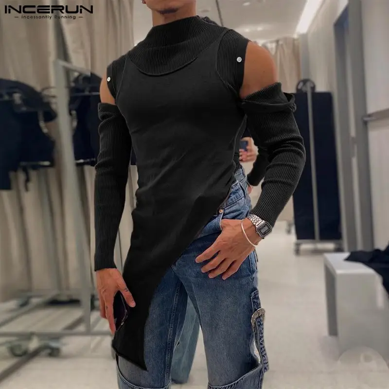 INCERUN 2023 Men T Shirts Patchwork Long Sleeve Off Shoulder Turtleneck Male Irregular Tee Tops Patchwork Streetwear Camisetas