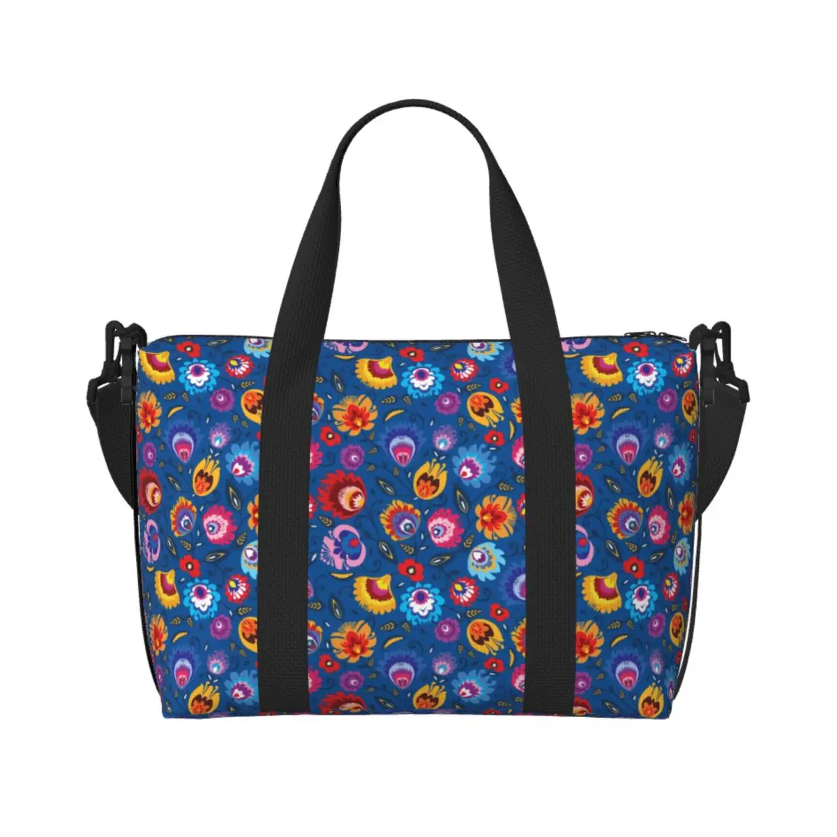 

Custom Large Vibrant Folk Spring Flowers On Black Tote Bag Women Shoulder Shopper Gym Beach Travel Bag