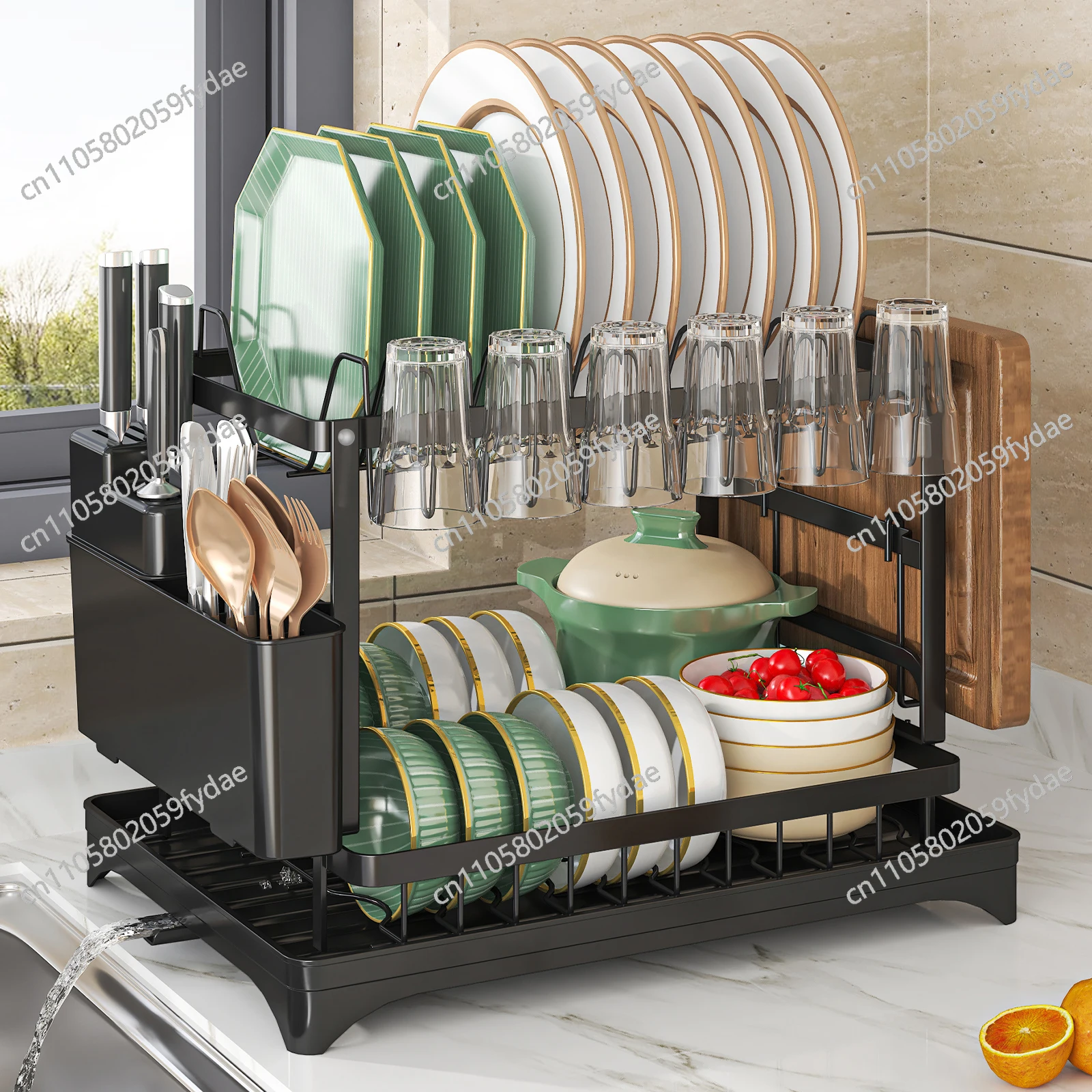 

2 tier,dish drying rack,Cutlery rack with spout and draining tray,cutlery holder,cup holder,kitchen countertop storage rack
