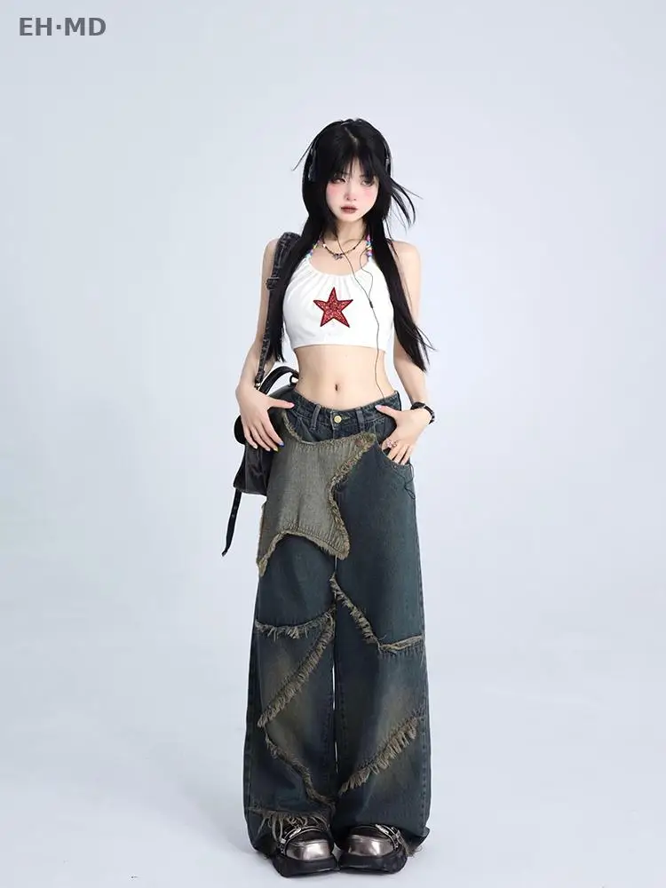 Women Jeans Casual Fashion Patchwork Contrast Color Aesthetic Denim Pants For Ladies High Waisted Wide Leg Raw Edge Embroidered