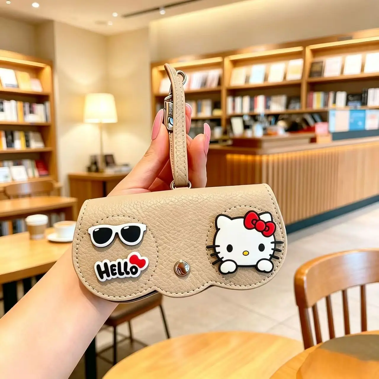 Cute Hello Kitty Eyeglass Pouch PU Leather Sunglasses Storage Bag With Hanging Hook Snap Button Design Portable Glasses Case
