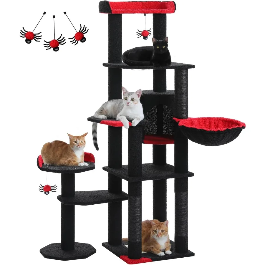 

59 Gothic Cat Tree with Coffin Bed for Indoor Cats - Spacious Cat Condo featuring Cozy Hammock Spider Hanging Balls Sisal Scrat